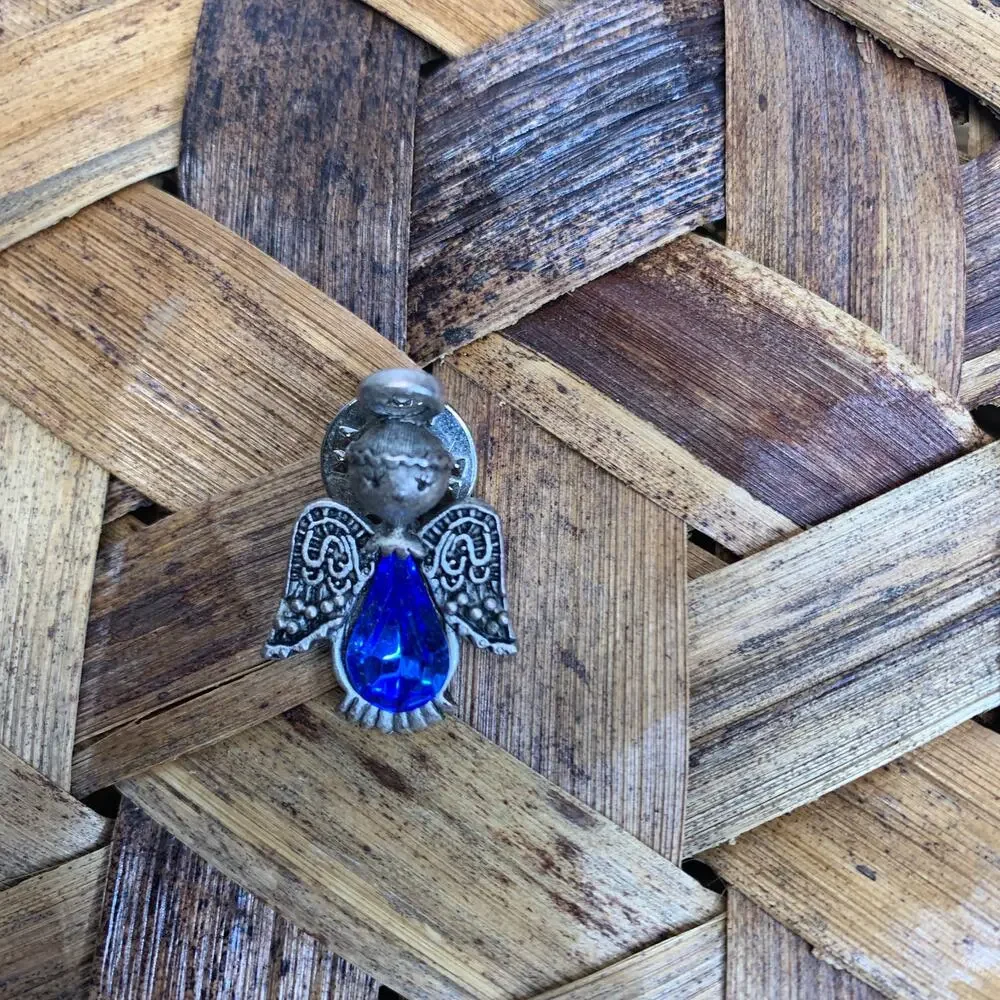 l. razza Blue Rhinestone Pewter Silver Angel Engraved  1